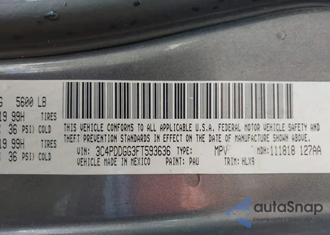 2015 Dodge Journey Crossroad из США, поврежденный, VIN 3C4PDDGG3FT593636